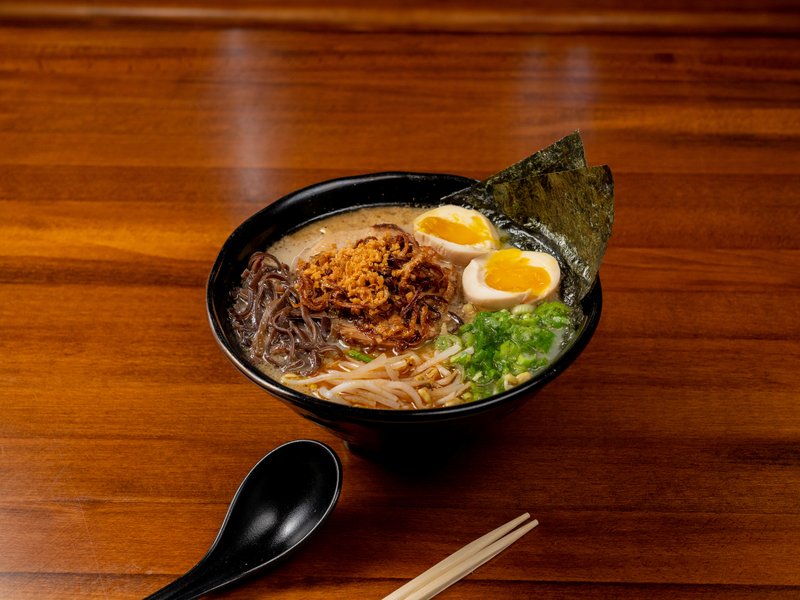 Bakudan Ramen Garlic Tonkotsu bowl with pork chashu, fried garlic, egg, and nori